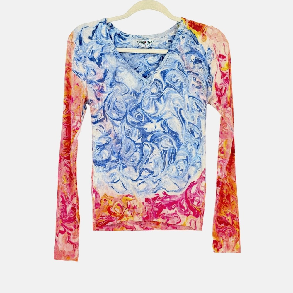 Hard Tail y2k New Marble Swirl V-Neck Long Sleeve Top Blue Pink‎ Large Rave 90s